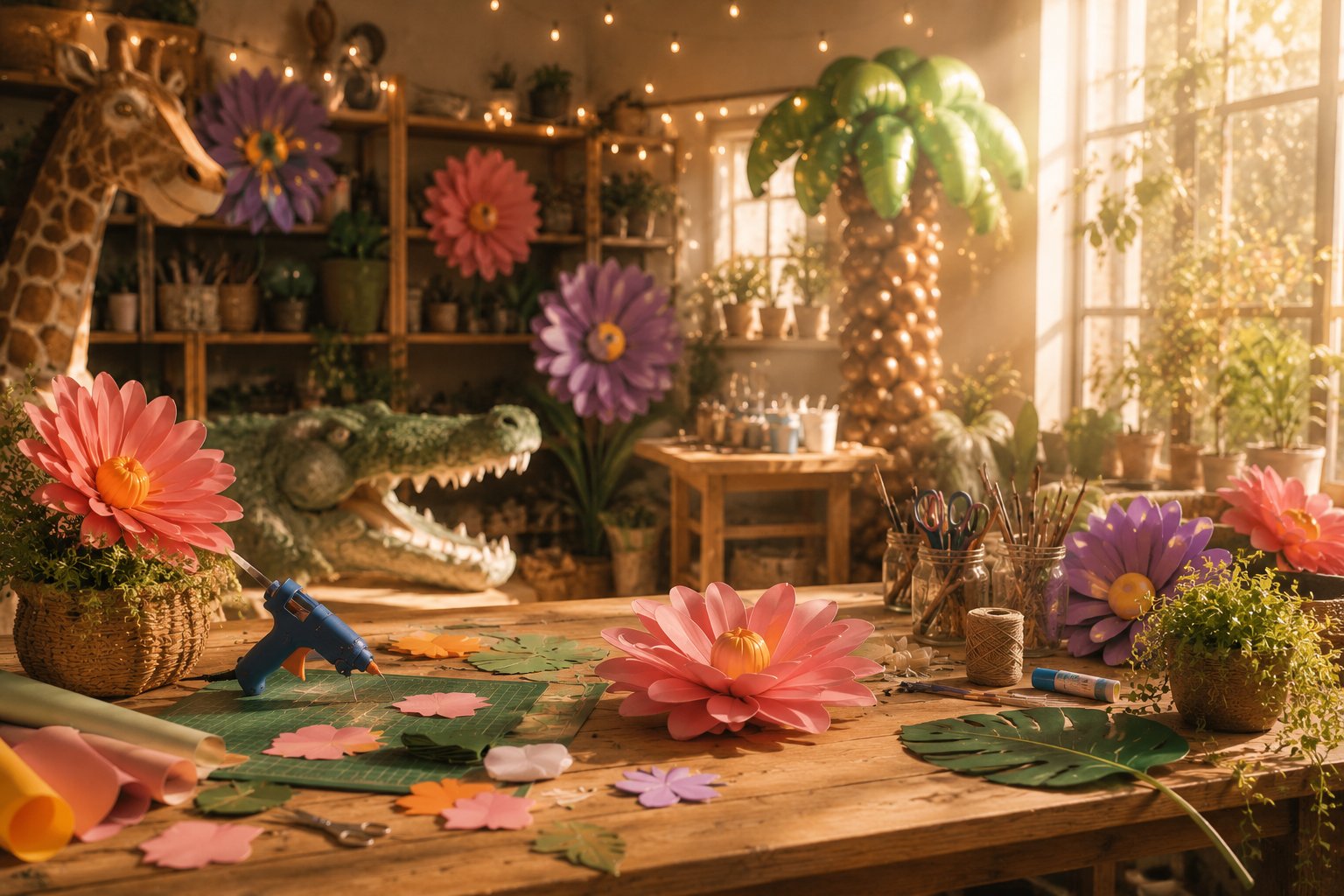 Taller con flores de papel, jirafa y luz cálida